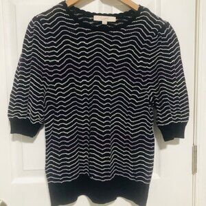 LOFT Striped Pointelle Puff Sleeve Sweater Tee Knit Short Sleeve Top